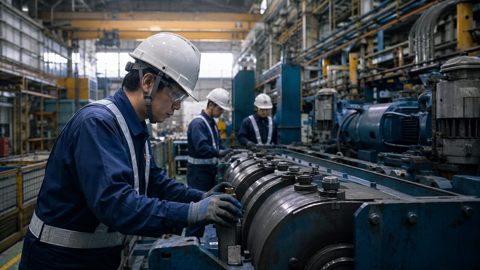 安全保護具を着用し大型機械の点検を行う作業員たち
